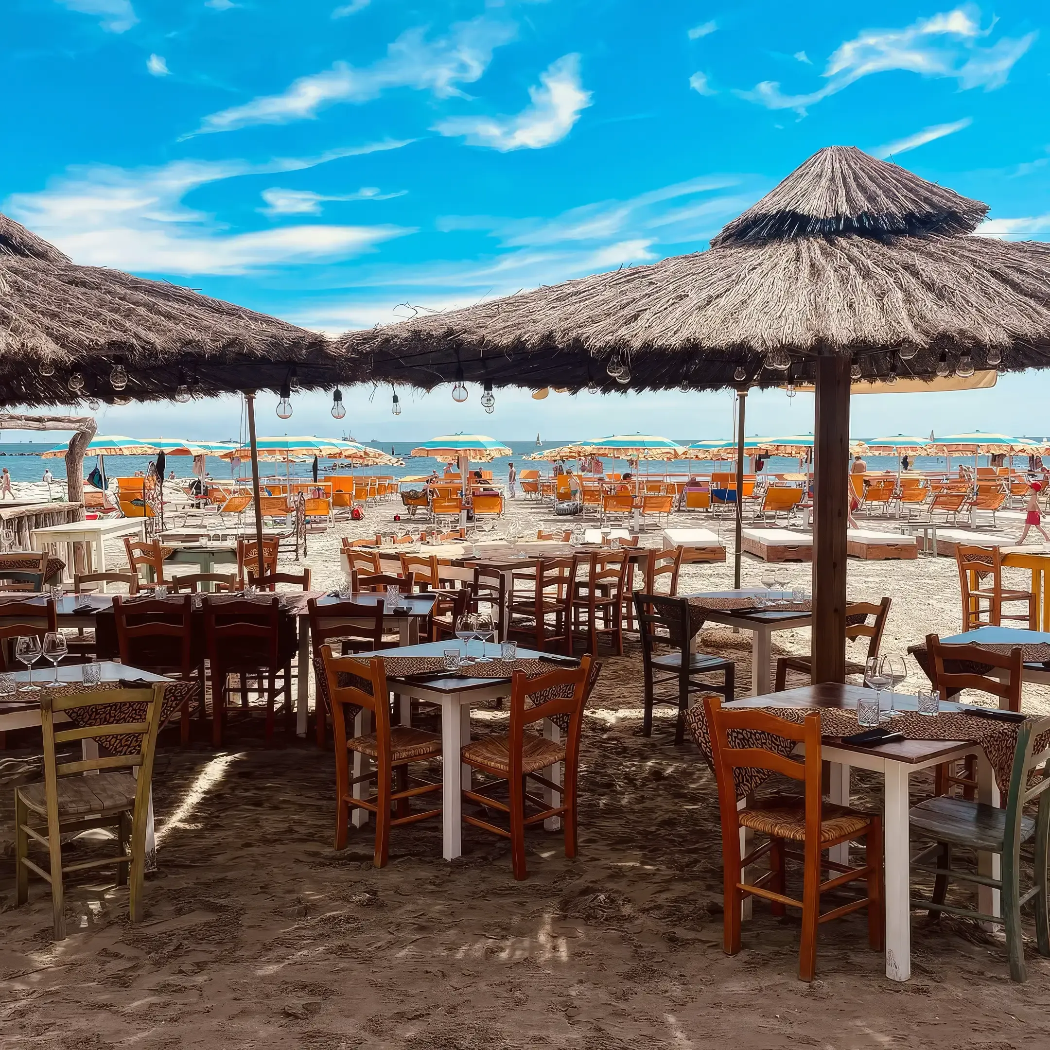 Ristorante sulla spiaggia di Casa Merida con palapas in paglia, tavoli in legno e mare Adriatico turchese