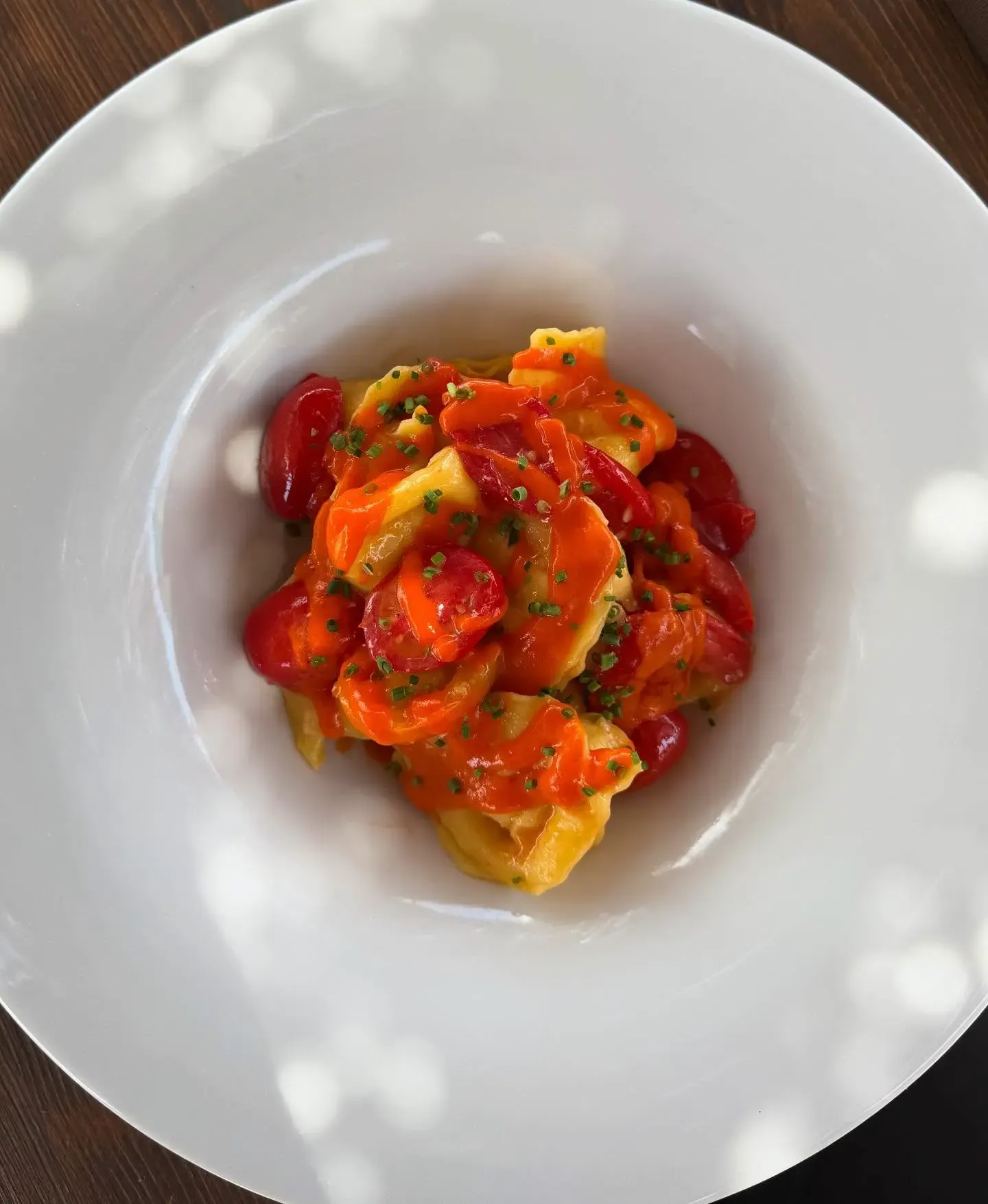 Ravioli in salsa di pomodorini arrostiti con panna e pomodori ciliegia